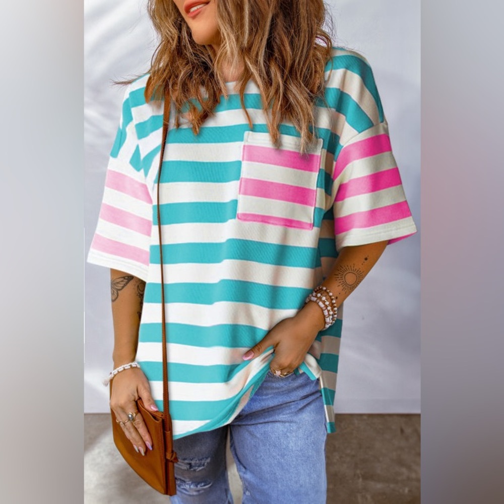 Blue Pink Stripe Contrast Patch Pocket Drop Sleeve T Shirt NWT